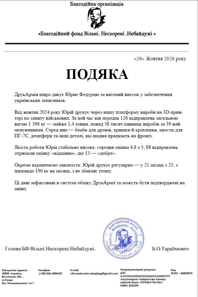 Волонтерську діяльність здобувача кафедри БМІ відзначено подякою благодійного фонду