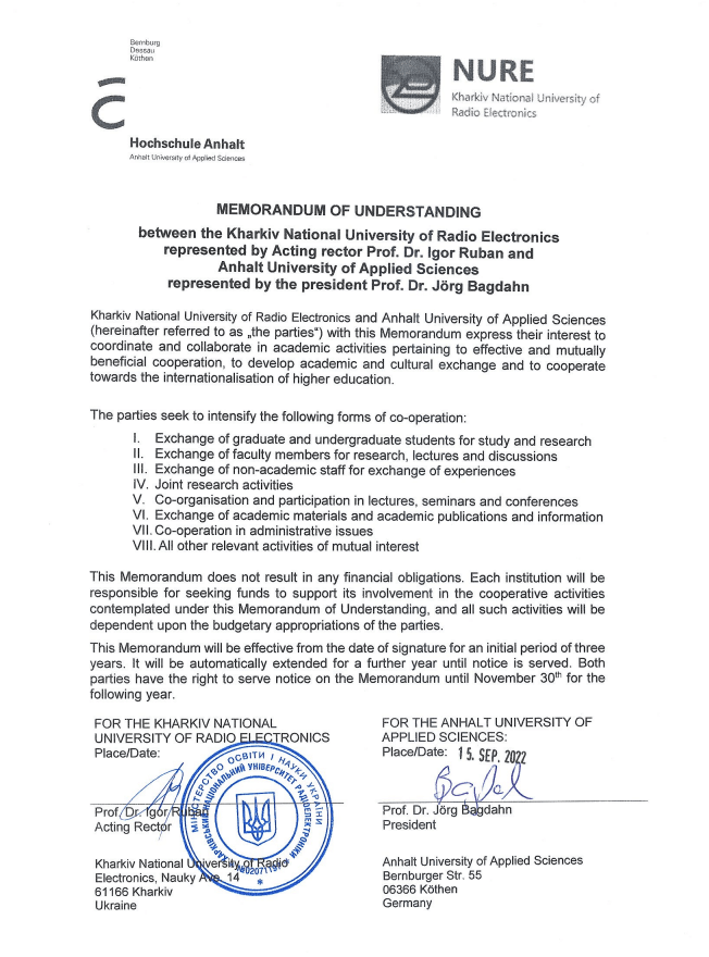 Memorandum of Cooperation between NURE and Anhalt University of Applied Sciences (Keten, Germany) signed